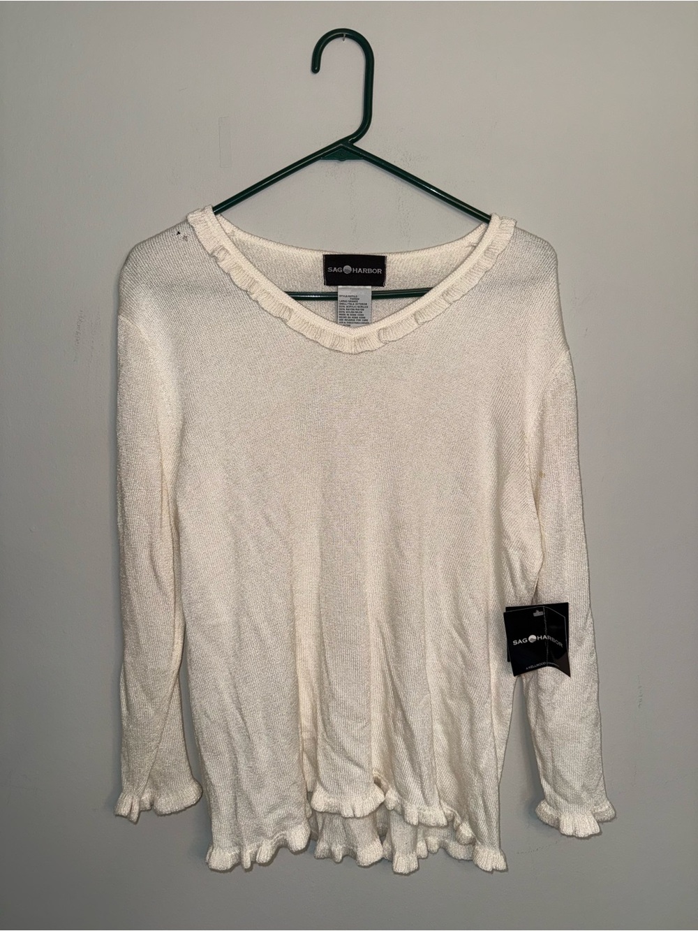 Coastal Grandma Sweater Ivory with Ruffle Edge Lightweight Knit